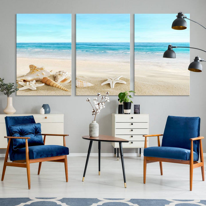 The "Turquoise Ocean View Seashell Starfish on the Beach Canvas Print Artwork" is a triptych piece that showcases a tranquil beach scene, complete with seashells and starfish adorning the sand. It is elegantly gallery-wrapped on museum-quality canvas.