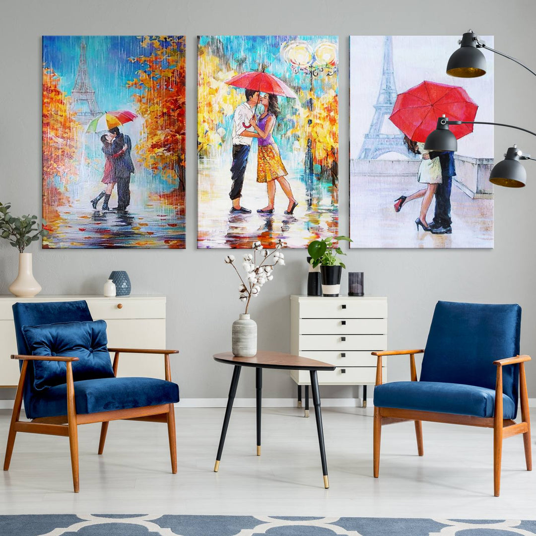 A triptych of the "Love in Paris Wall Art Canvas Print" showcases a couple with an umbrella in romantic settings. This artwork is crafted on museum-quality canvas and features a UV-protective coating for peace of mind. It also comes with the added convenience of free shipping.