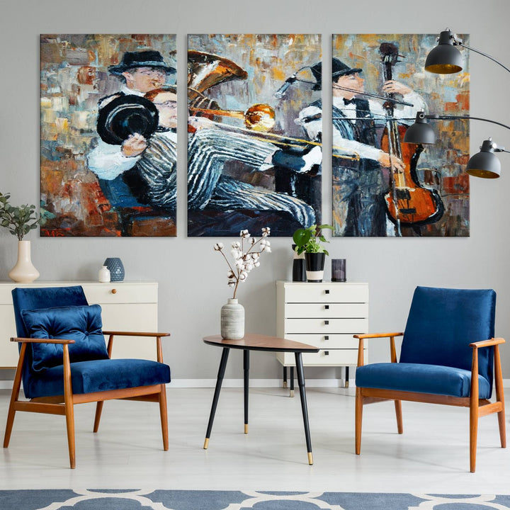 The Good Old Days Musicians Wall Art Canvas Print graces the wall, merging art with elegance. This museum-quality canvas comes with a UV-protective coating and is ready to hang.