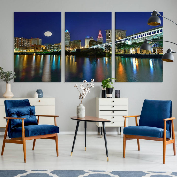 Cleveland City Lights Night Skyline, a stunning triptych wall art cityscape canvas print with museum-quality UV-protective coating, is beautifully showcased.