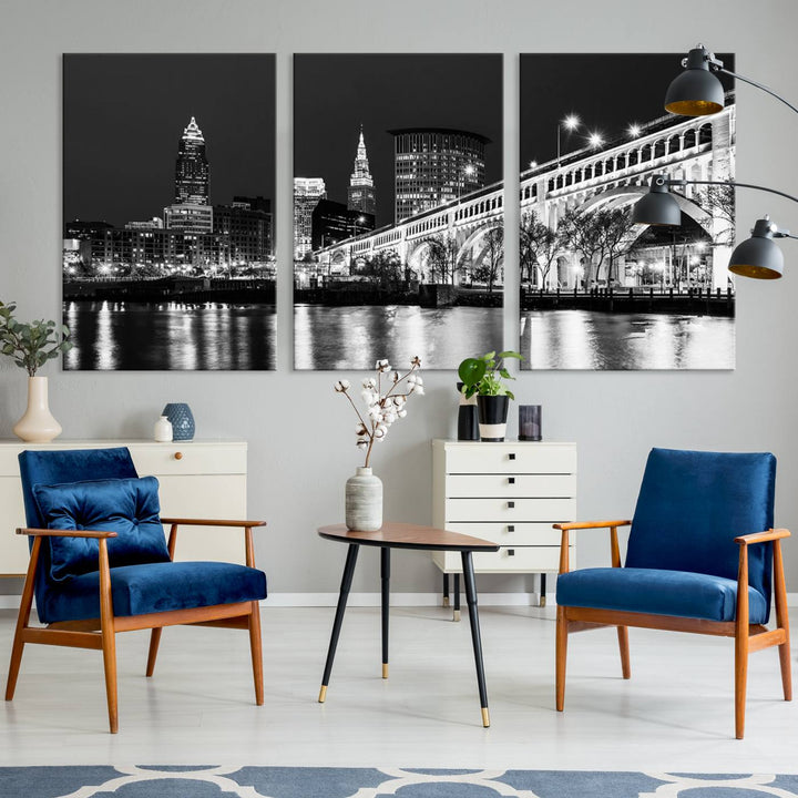 Enhance your space with the Cleveland Night Skyline Wall Art City Cityscape Canvas Print, a museum-quality black and white triptych. This ready-to-hang masterpiece is designed to elevate any room's aesthetic.