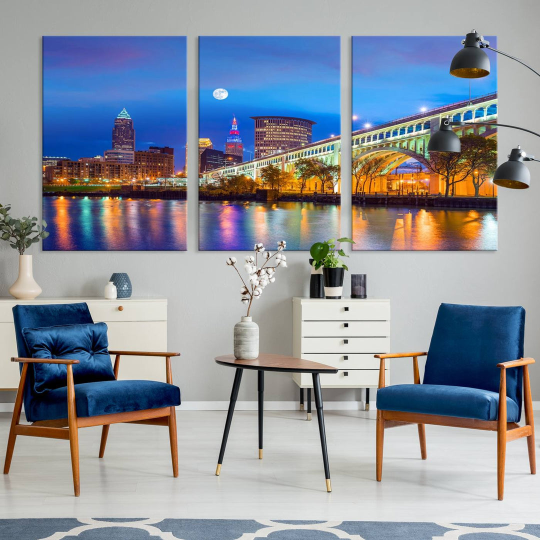 The Cleveland Night Skyline Wall Art City Cityscape Canvas Print portrays a city skyline and bridge lit up against the night sky. This artwork is printed on museum-quality canvas with a gallery-wrapped finish and features a UV-protective coating to ensure lasting vibrancy.