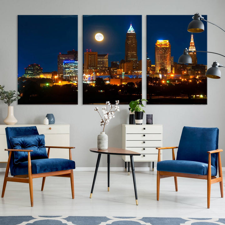 The "Cleveland Night Skyline Wall Art City Cityscape Canvas Print" adds elegance to the room with its depiction of a city skyline and full moon on museum-quality canvas. The artwork is enhanced by a UV-protective coating to ensure lasting brilliance.