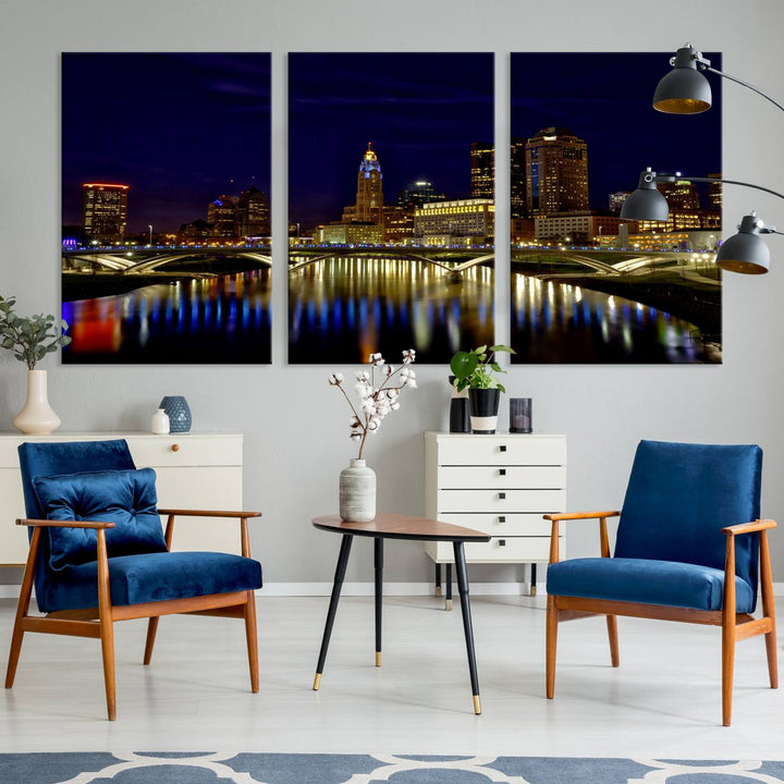 The "Columbus City Lights Night Skyline Cityscape View Wall Art Canvas Print" showcases a stunning city skyline at night, with illuminated buildings and bridges reflecting in the river, on a museum-quality canvas ready to hang.