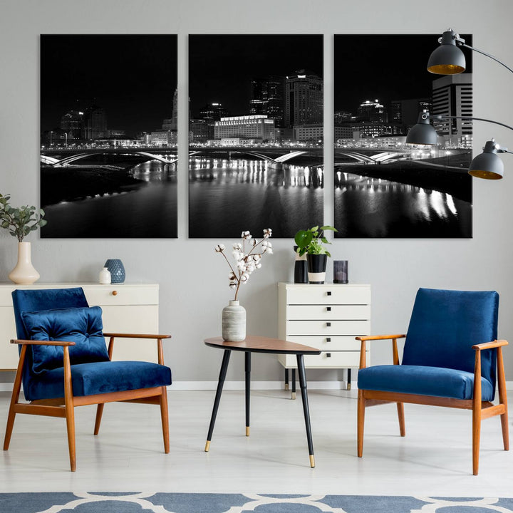 The living room features the "Columbus City Lights Skyline Black and White Wall Art Cityscape Canvas Print" above a coffee table. This artwork is presented as a triptych on museum-quality canvases with UV-protective coating.