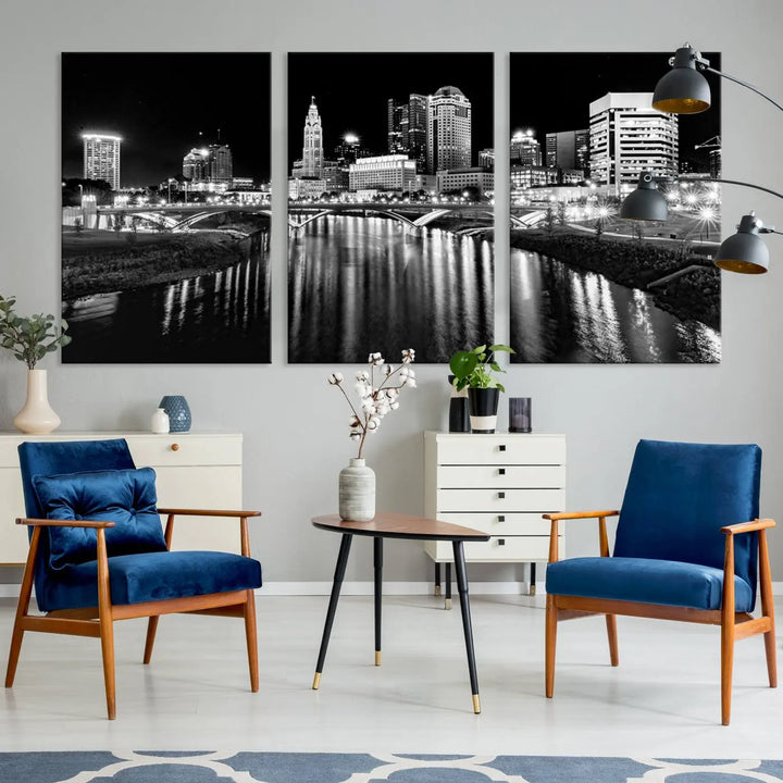 The living room showcases the Columbus City Lights Skyline Black and White Wall Art Cityscape Canvas Print.