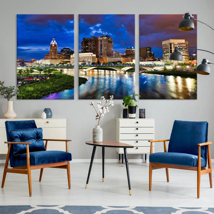 Columbus City Lights Night Bright Blue Cloudy Skyline Cityscape View Wall Art Canvas Print, gallery wrapped on museum-quality canvas, reflecting on a river.