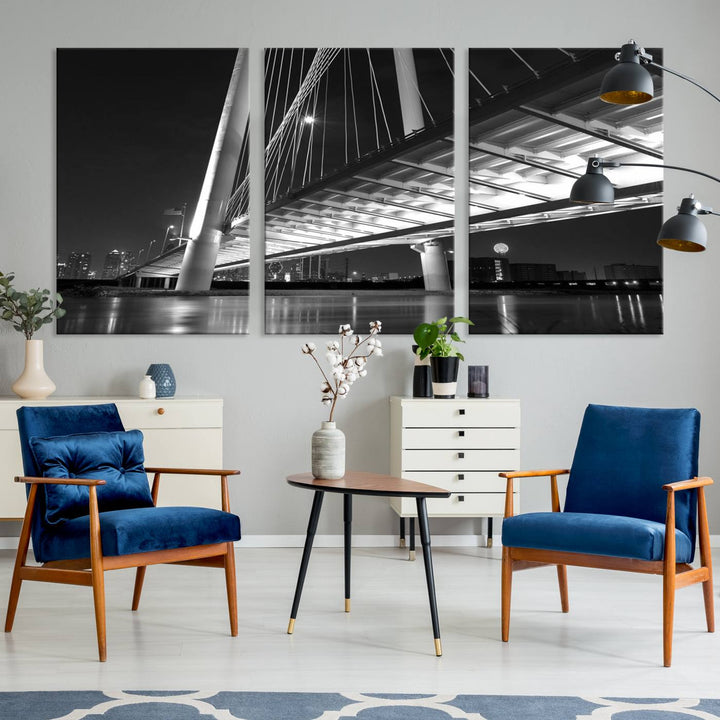 The modern living room features the museum-quality "Dallas City Bridge Lights Skyline Black and White Wall Art Cityscape Canvas Print," elegantly displayed on gallery-wrapped canvas.