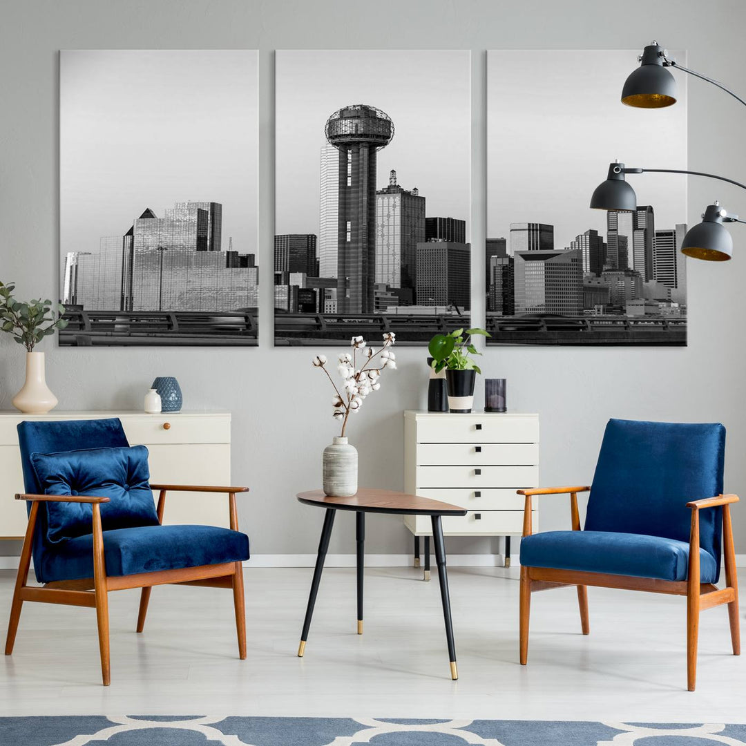 The Dallas City Lights Skyline Black and White Wall Art is elegantly displayed on museum-quality canvas.