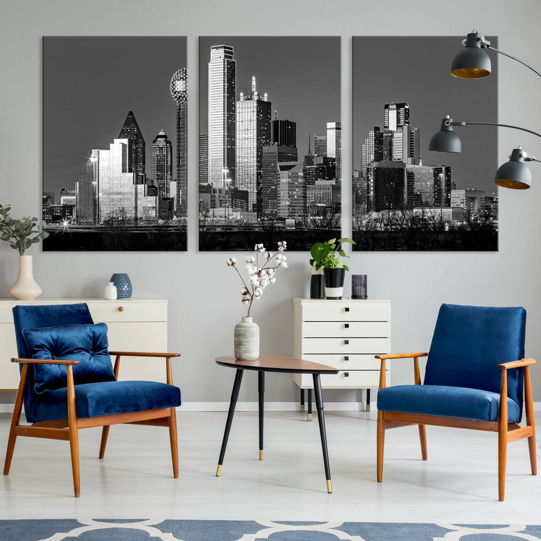 The Dallas City Skyline Black and White Wall Art Cityscape Canvas Print features a gallery-wrapped, museum-quality finish.