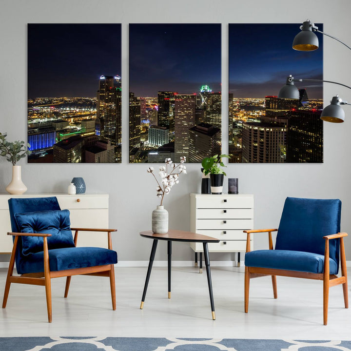 A living room showcasing a Dallas City Lights Night Skyline Cityscape View Wall Art Canvas Print, a three-panel artwork on museum-quality canvas with vibrant colors and durability.