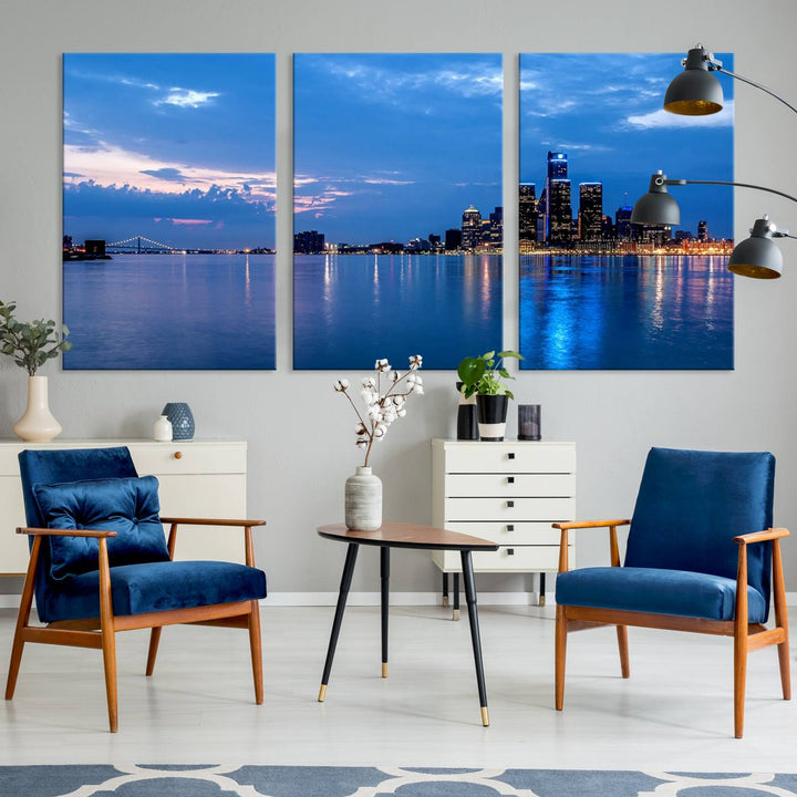 The "Detroit City Lights Night Blue Cloudy Skyline Cityscape View" wall art, displayed on museum-quality canvases, is split into three gallery-wrapped panels.