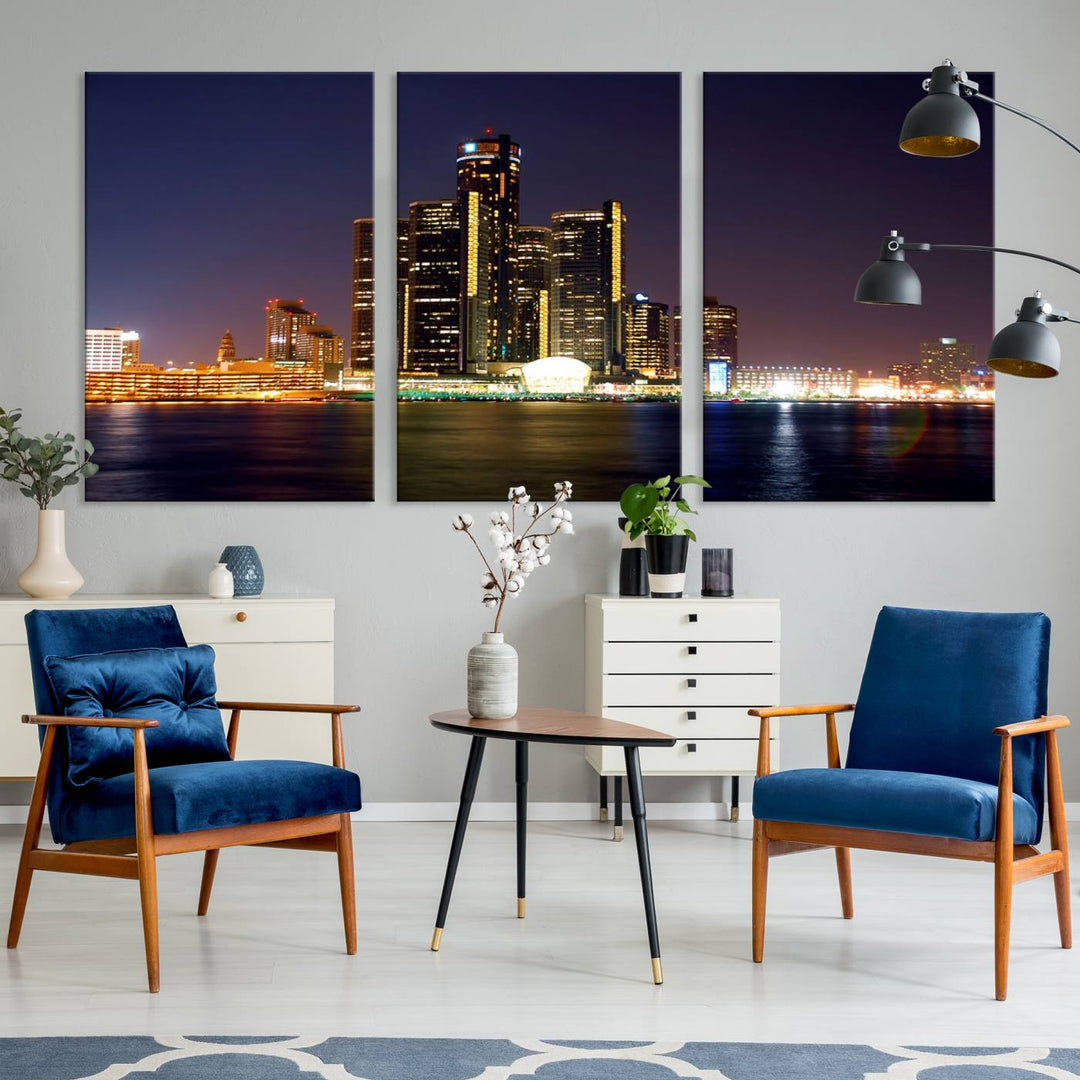 The Detroit City Lights Night Skyline Cityscape View Wall Art Canvas Print, elegantly split into three panels, is made from museum-quality pollycotton and gallery wrapped for a sophisticated touch. It is available with free shipping to effortlessly elevate your space.