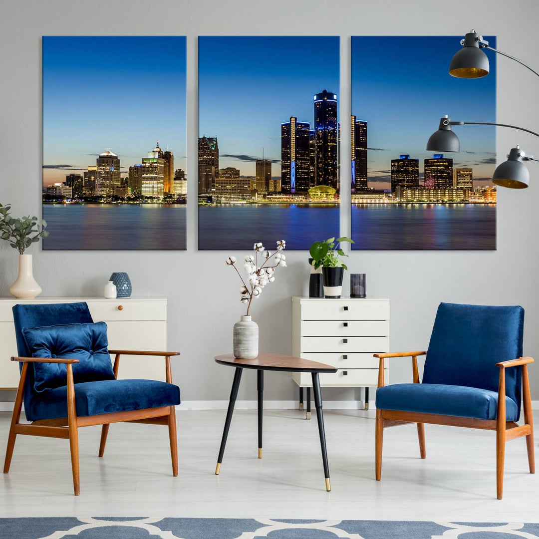 The "Detroit City Lights Sunrise Skyline Cityscape View Wall Art Canvas Print" on the wall is a triptych gallery-wrapped on museum-quality canvas, adding an elegant touch to the space.