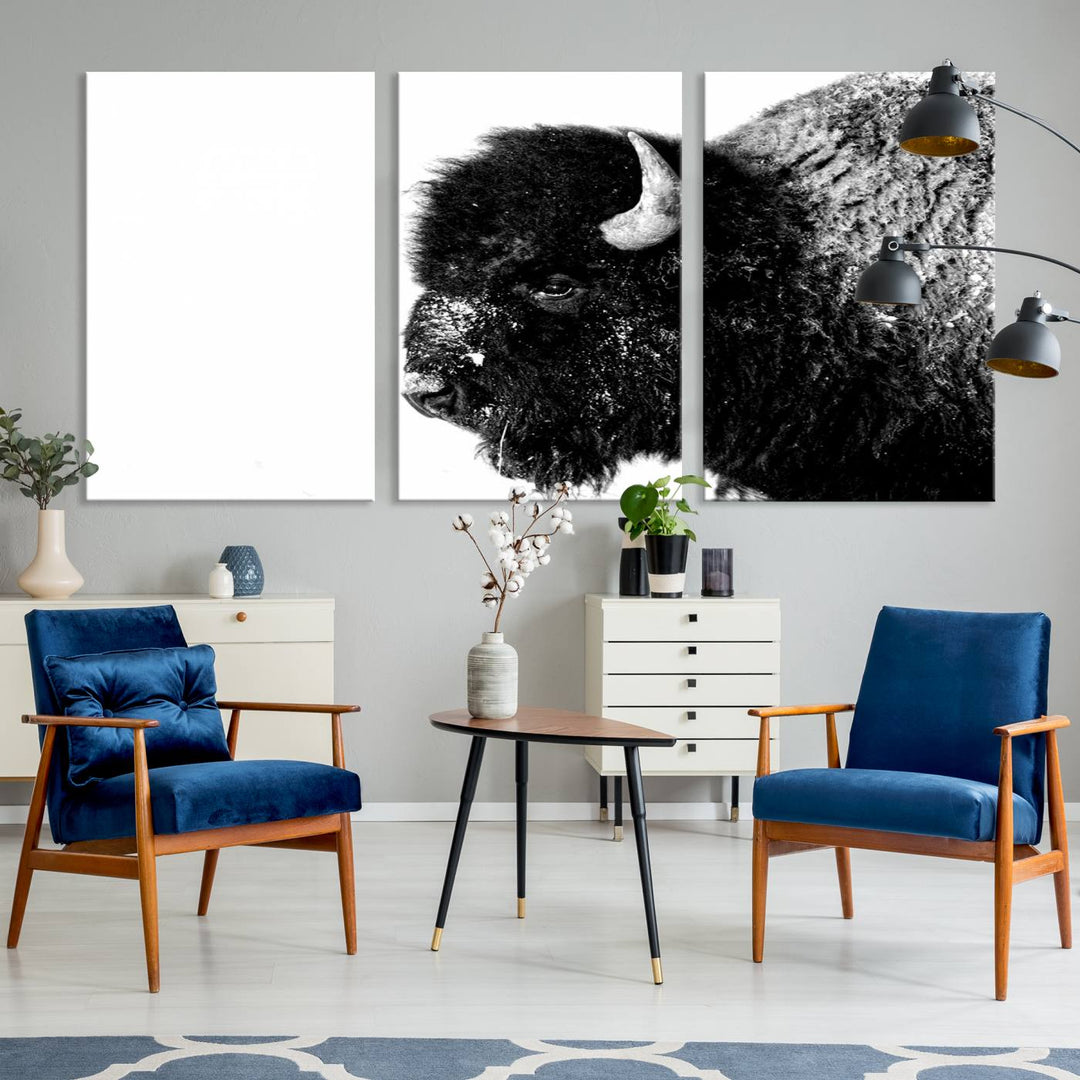 American Bison Wall Art - Buffalo Wall Art Black and White Canvas Print - Framed, Ready to Hang, Modern Nature-Inspired Artwork for Home and Office Decor