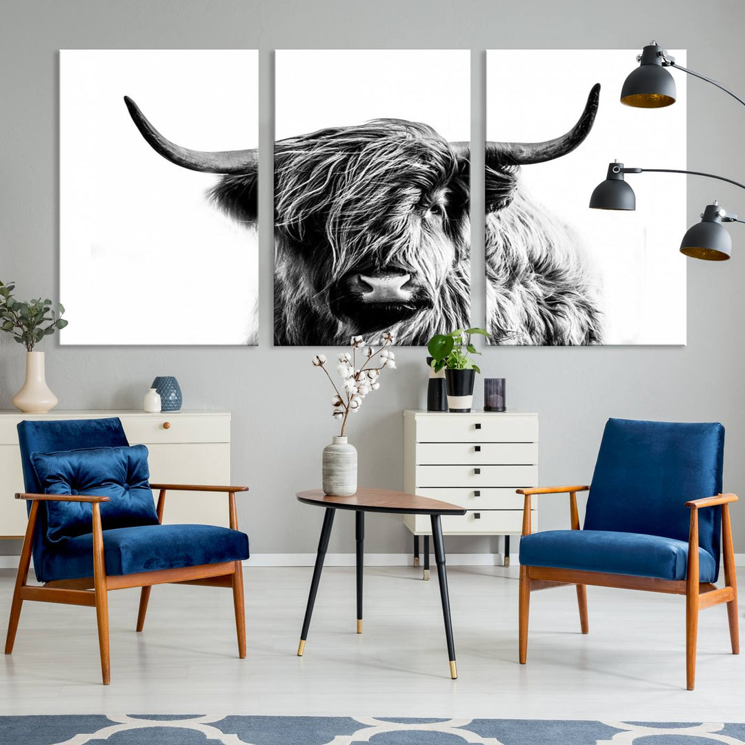 The Scottish Highland Cow Cattle Art Print Farmhouse Wall Art Canvas Print enhances rustic farmhouse decor with its depiction of a long-haired, large-horned cow. This triptych is an ideal choice for chic wall art.