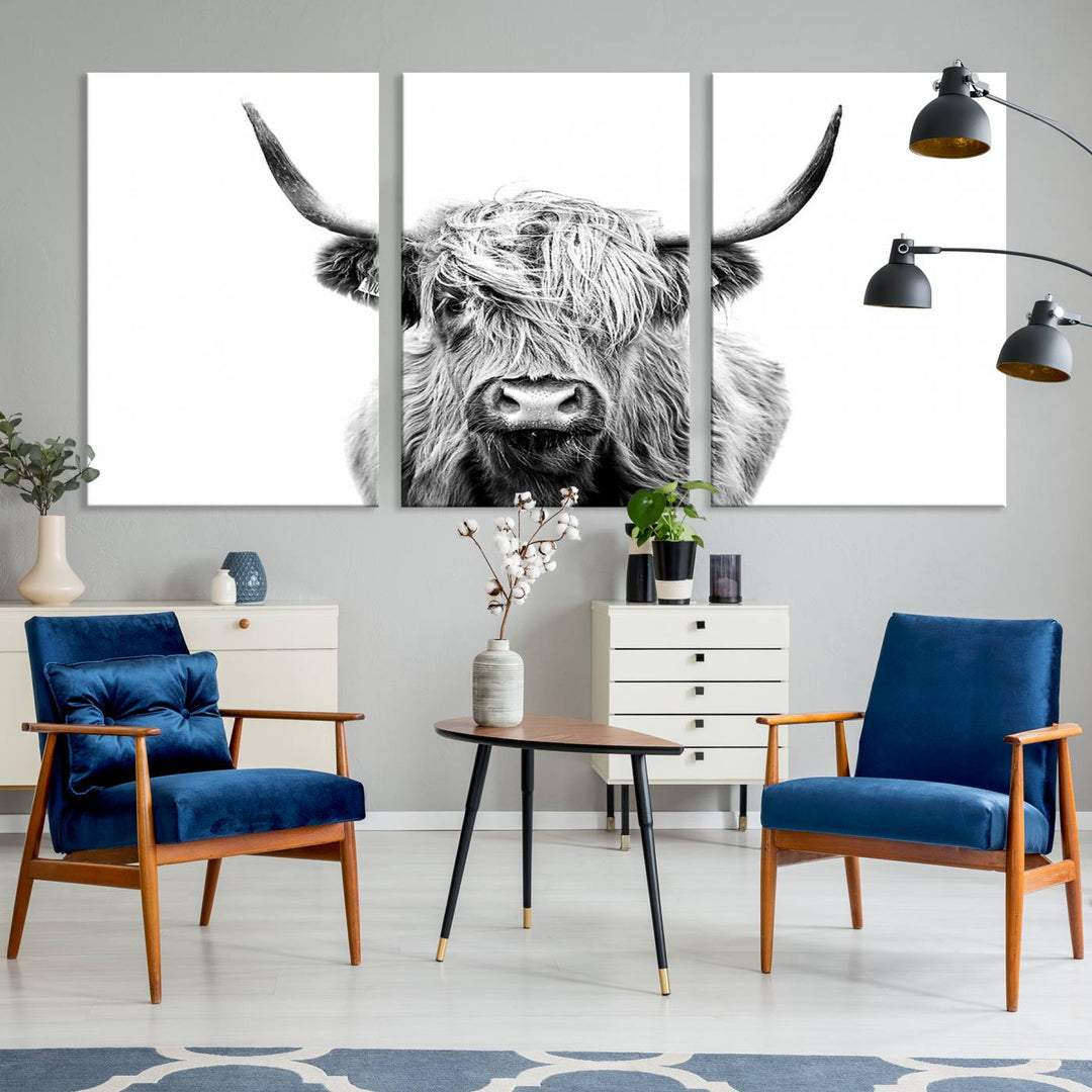 Lienzo de vaca de las Tierras Altas, arte de pared, decoración de granja, vaca, impresión en blanco y negro, decoración de pared rústica, pintura de animales, pared de vaca escocesa