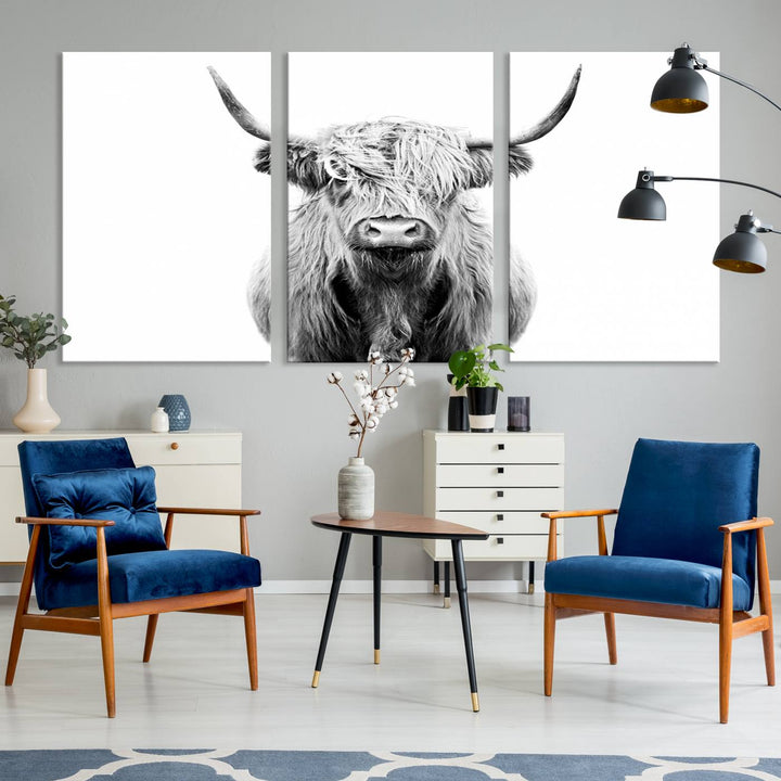 The wall art features a triptych of a Scottish Highland cow, printed on museum-quality canvases with a UV-protective coating. This decorative piece is known as the Highland Cow Canvas Wall Art Farm House Wall Art.