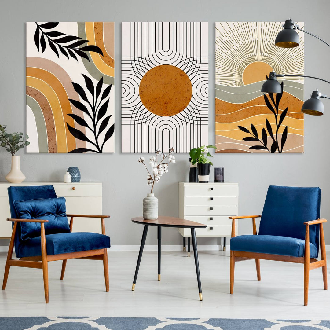 Modern Boho Sun and Leaf Abstract Art – 3-Panel Giclée Canvas for Mid-Century Modern or Bohemian Wall Decor