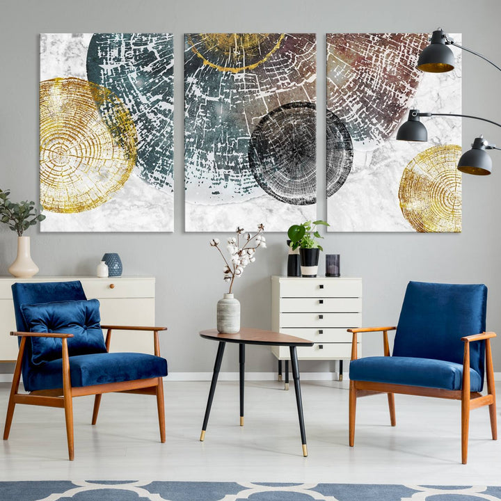 Contemporary living room showcasing the "Wood Lines" 3 Panel Abstract Wall Art Canvas Print displaying museum-quality tree ring art on the wall.