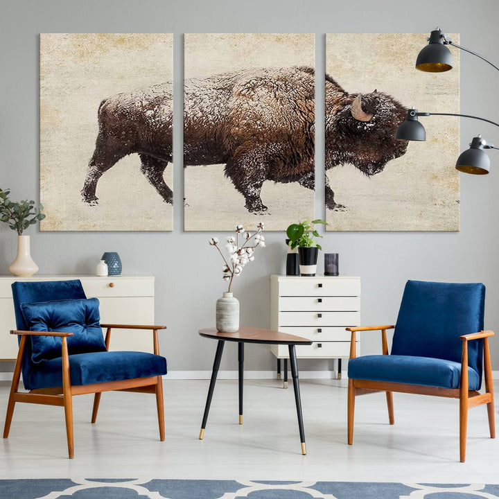 The "Buffalo Wall Art" canvas print, featuring a Western bison, hangs prominently, infusing the space with rustic cowboy and Western decor.