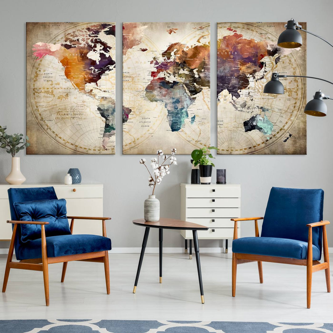 A World Map Wall Art Canvas Print featuring vibrant colors is crafted on museum-quality canvas, adding a touch of elegance to the room.