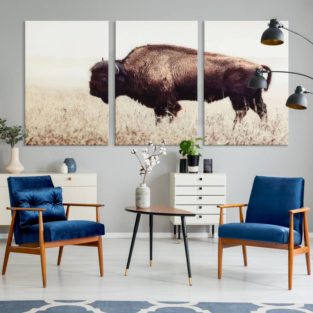 A stylish living room showcases the captivating "Bison in Field" Wall Art Canvas Print as farmhouse decor.