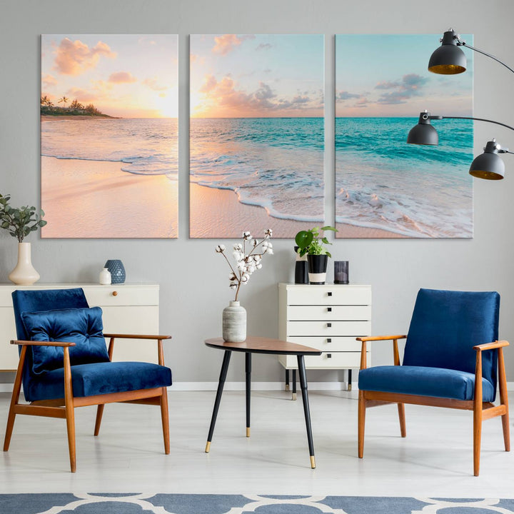 Beach Sunrise Wall Art, Coastal Seascape Canvas Print, Ocean Wave Multi-Panel Giclee, Coastal Sunset Beach Scene for Modern Decor