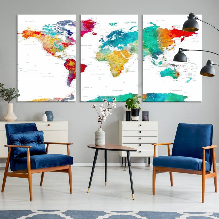 A stunning Colorful World Map Triptych Canvas Print, featuring a ready-to-hang framed design, adds vibrancy and modern flair to the space, effortlessly elevating the entire home décor.