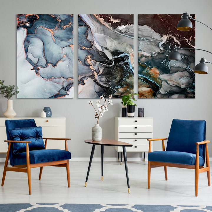 The Mix Color Large Abstract Marble Wall Art Canvas Print is printed on museum-quality canvas. It features a UV-protective coating and is ready to hang, adding elegance to the room.