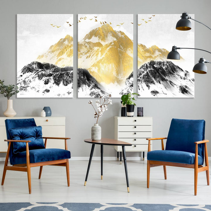 Golden Mountain Triptych Wall Art, Modern Giclee Canvas Print, Nature Landscape Decor for Living Room, Contemporary Gold and Black Wall Art