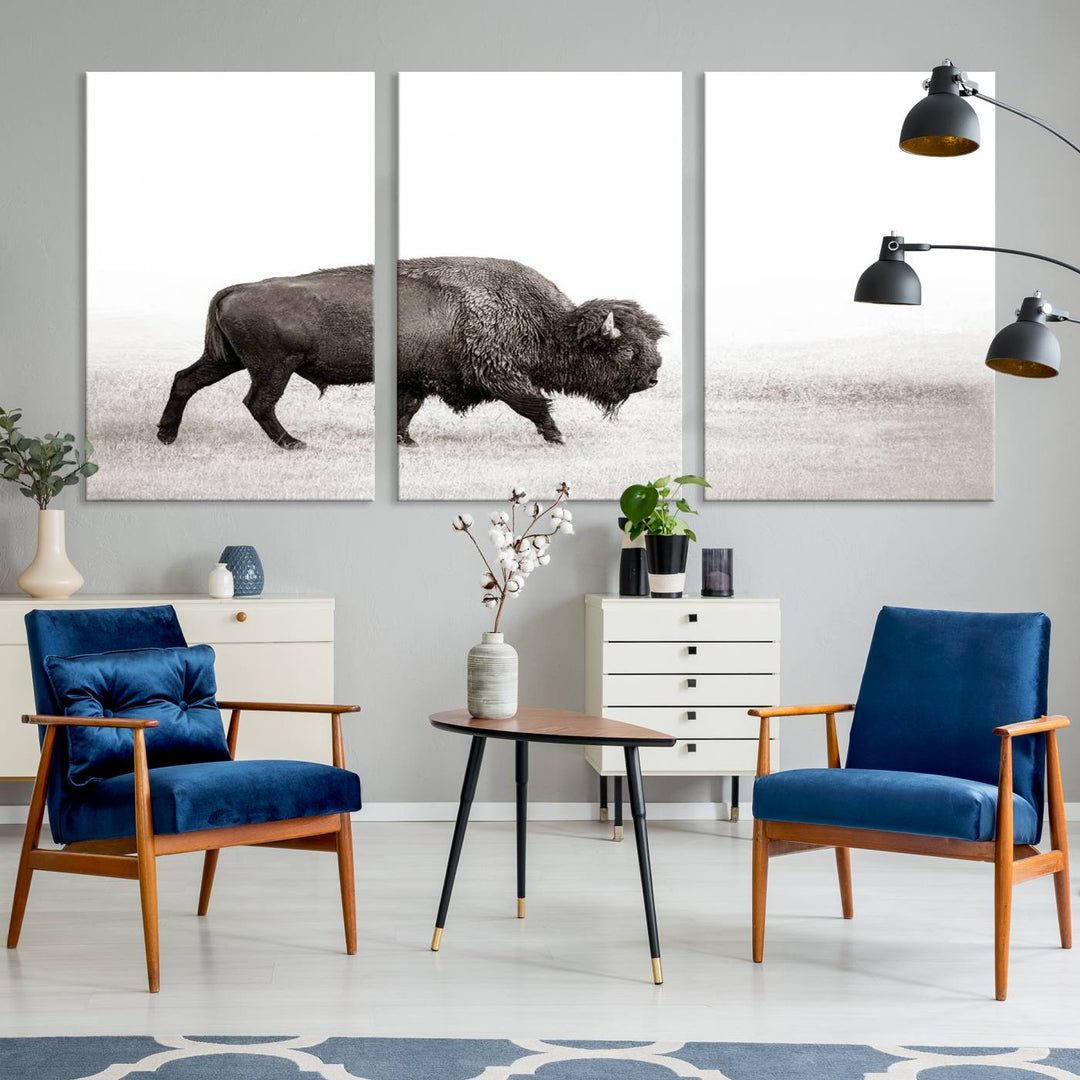 American Bison in Grasslands Triptych Canvas Wall Art – Western-Inspired Nature Decor for Home or Office