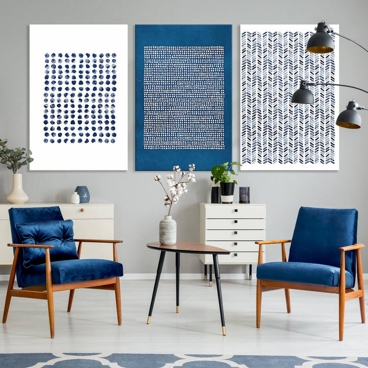 The modern living room is beautifully complemented by the "Canvas Print Wall Art Set Navy Blue White Geometric Dot Collage Abstract Illustr Art" on the wall. This art is printed on museum-quality canvas with a UV-protective coating for enhanced durability and vibrancy. Each piece is ready to hang, offering an effortless upgrade to your space.