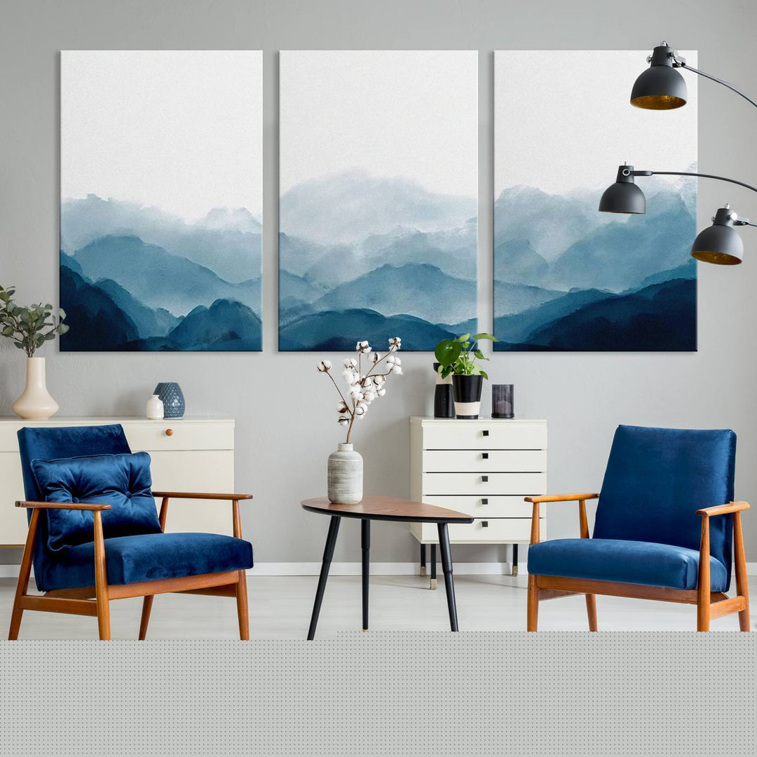 A modern living room features a three-panel canvas of green forest nature scenery photography on the wall. The artwork is gallery wrapped in museum-quality canvases, ensuring both durability and an exquisite display.