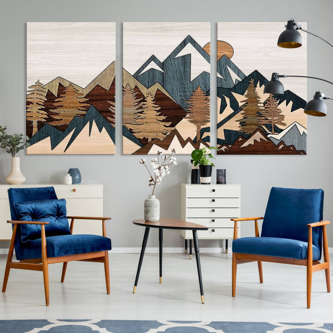 Woodland Mountain Landscape Triptych, Giclee Canvas Art for Modern Home, Rustic Wooden Nature Wall Art, Large Mountain and Tree Canvas for Living Room