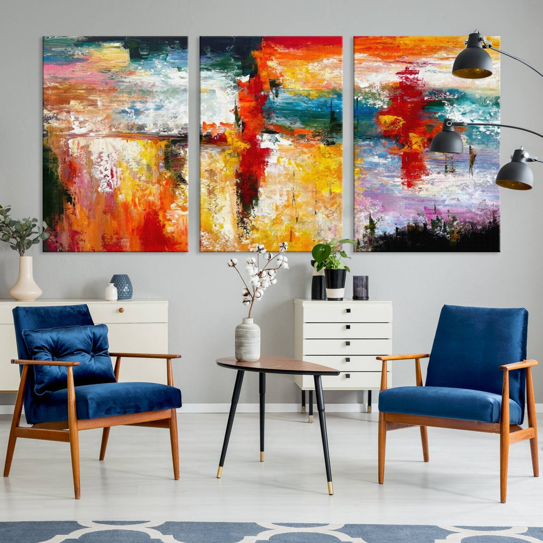 A Colorful Abstract Wall Art Canvas Print graces the wall, making this ready-to-hang masterpiece, complete with UV-protective coating, perfect for elevating any space with its vibrant allure.