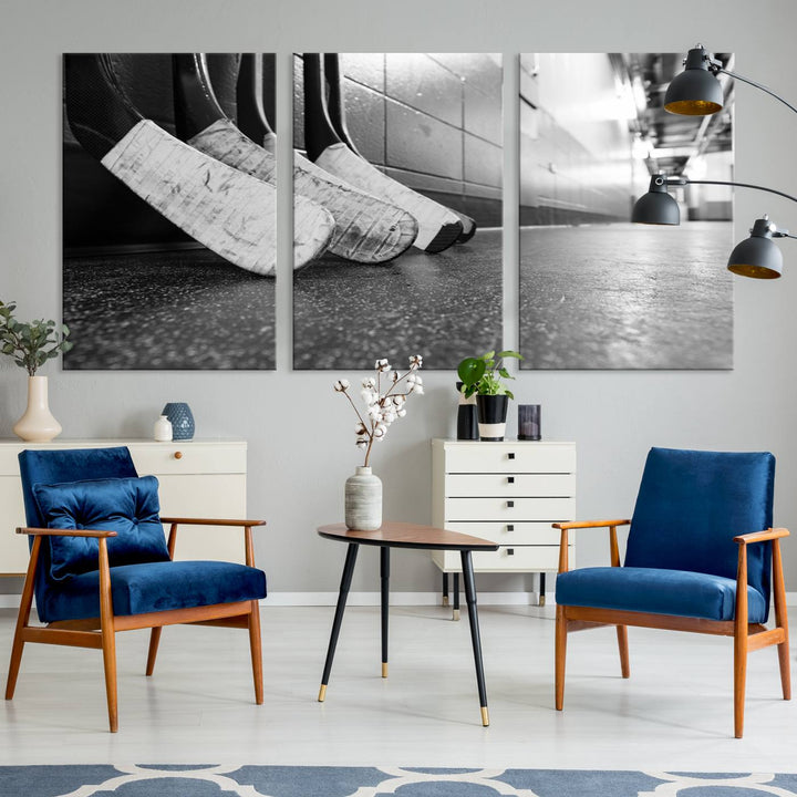 A living room featuring a large Ice Hockey Wall Art Canvas Print on gallery-wrapped canvas.