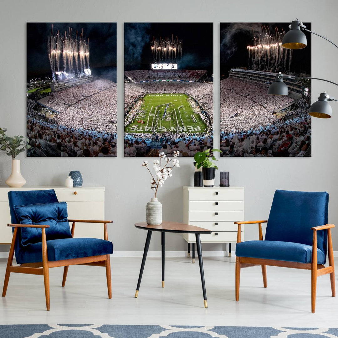 The Penn Stadium Football Wall Art Canvas Print showcases the lively ambiance of a bustling Pennsylvania University football stadium illuminated by fireworks.