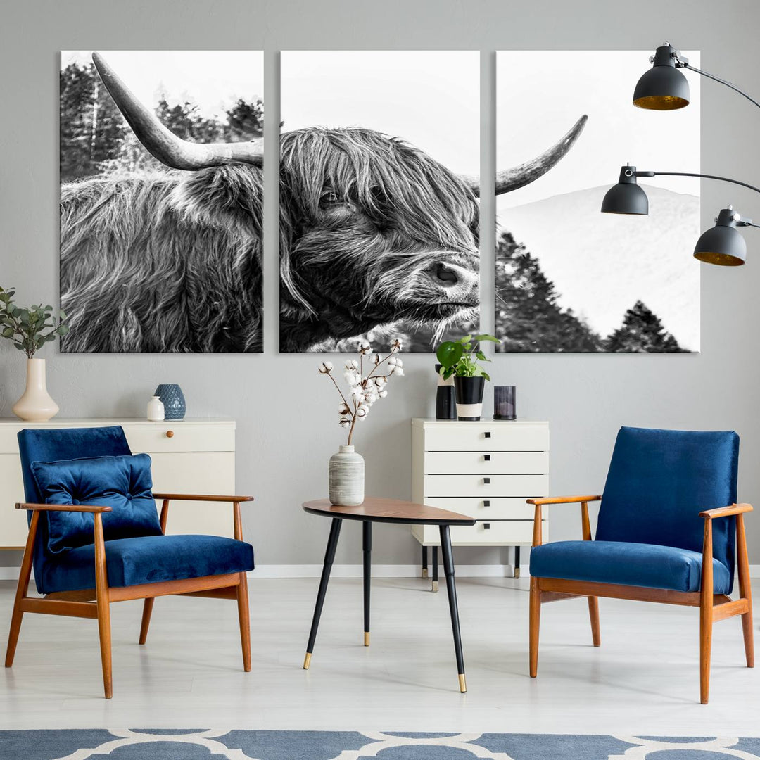 The Scottish Longhorn Wall Art Canvas Print features a highland cow with long horns and shaggy hair displayed on a museum-quality canvas. Equipped with a UV-protective coating for durability, it's ready to hang and enjoy for years to come.