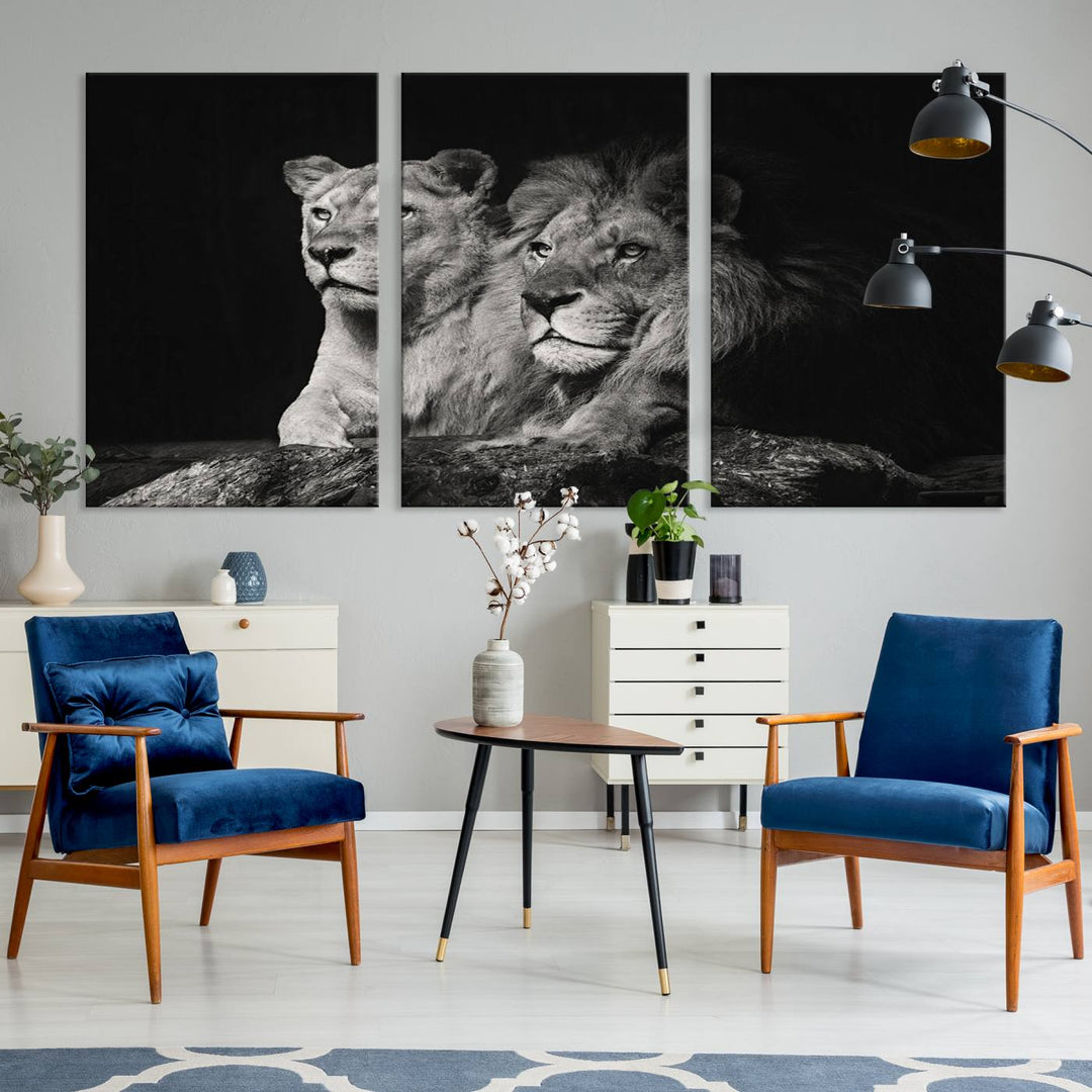 The elegant wildlife portrait, "Lion Couple Canvas Wall Art Print," featuring a black and white depiction of a lion family, majestically decorates the living room wall.