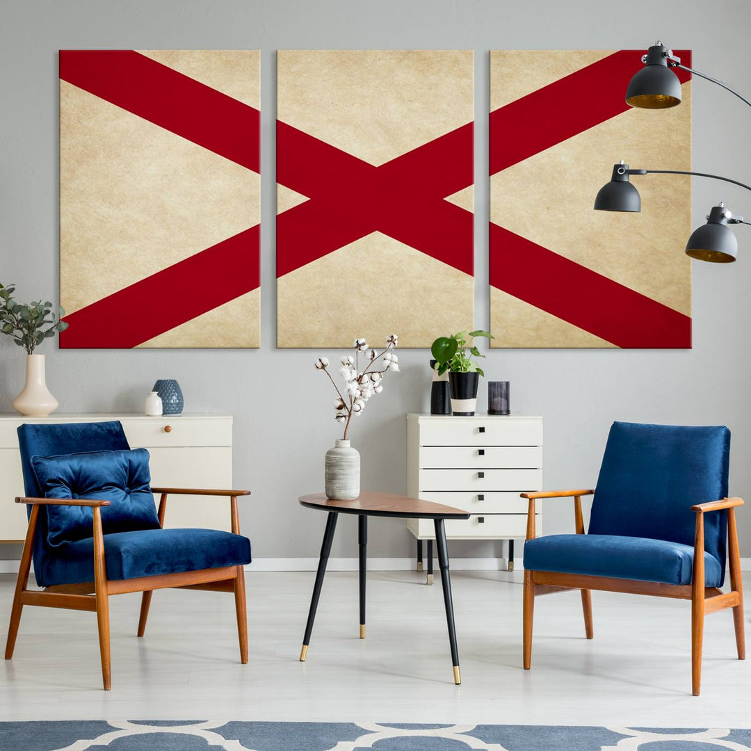 The USA Alabama States Flag Wall Art, featuring a red diagonal cross on a cream background, is elegantly displayed on museum-quality canvas with a UV-protective coating.