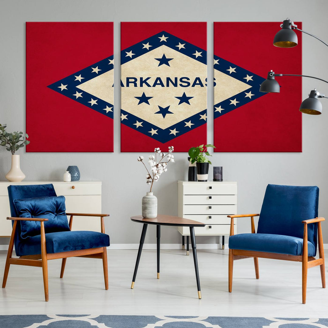 The Arkansas Flag Wall Art Canvas Print is displayed on gallery-wrapped, museum-quality canvases. Its vibrant colors are preserved by a UV-protective coating, ensuring long-lasting brilliance in your living space.