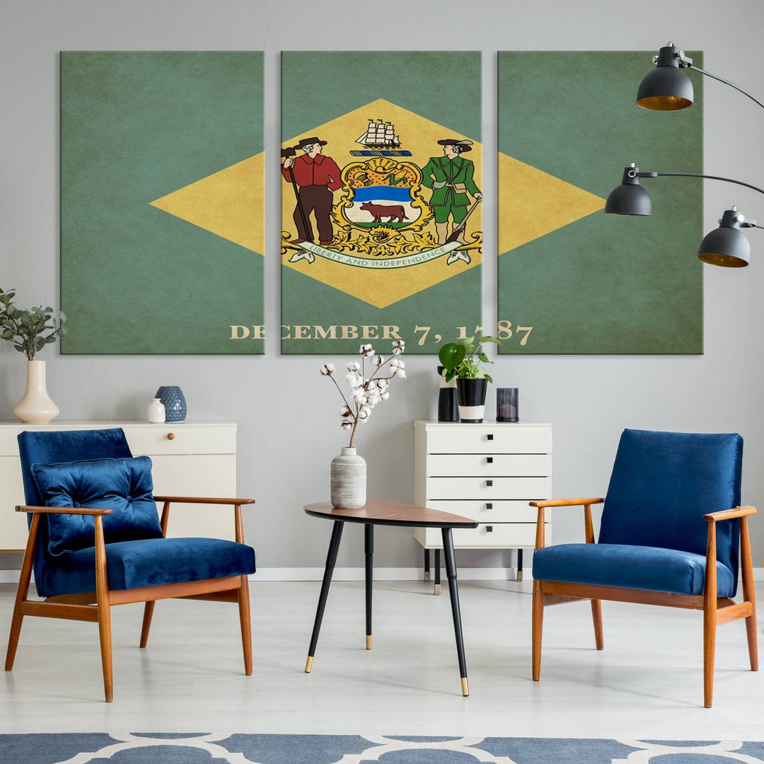 The Delaware States Flag Wall Art Canvas Print, featuring museum-quality material and a UV-protective coating, hangs elegantly, ready to be admired.