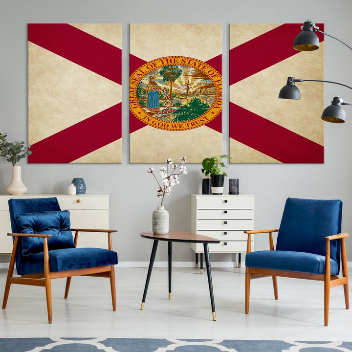 A Florida States Flag Wall Art Canvas Print, featuring a UV-protective coating for museum-quality preservation, is displayed.