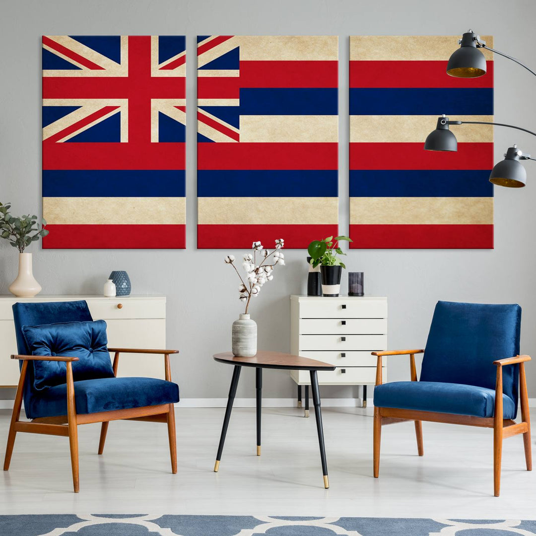 A stunning piece titled "Hawaii USA States Flag Wall Art Canvas Print" adorns the wall. This gallery-wrapped artwork is printed on museum-quality canvas and features a UV-protective coating, ensuring its vibrant colors remain timelessly beautiful.