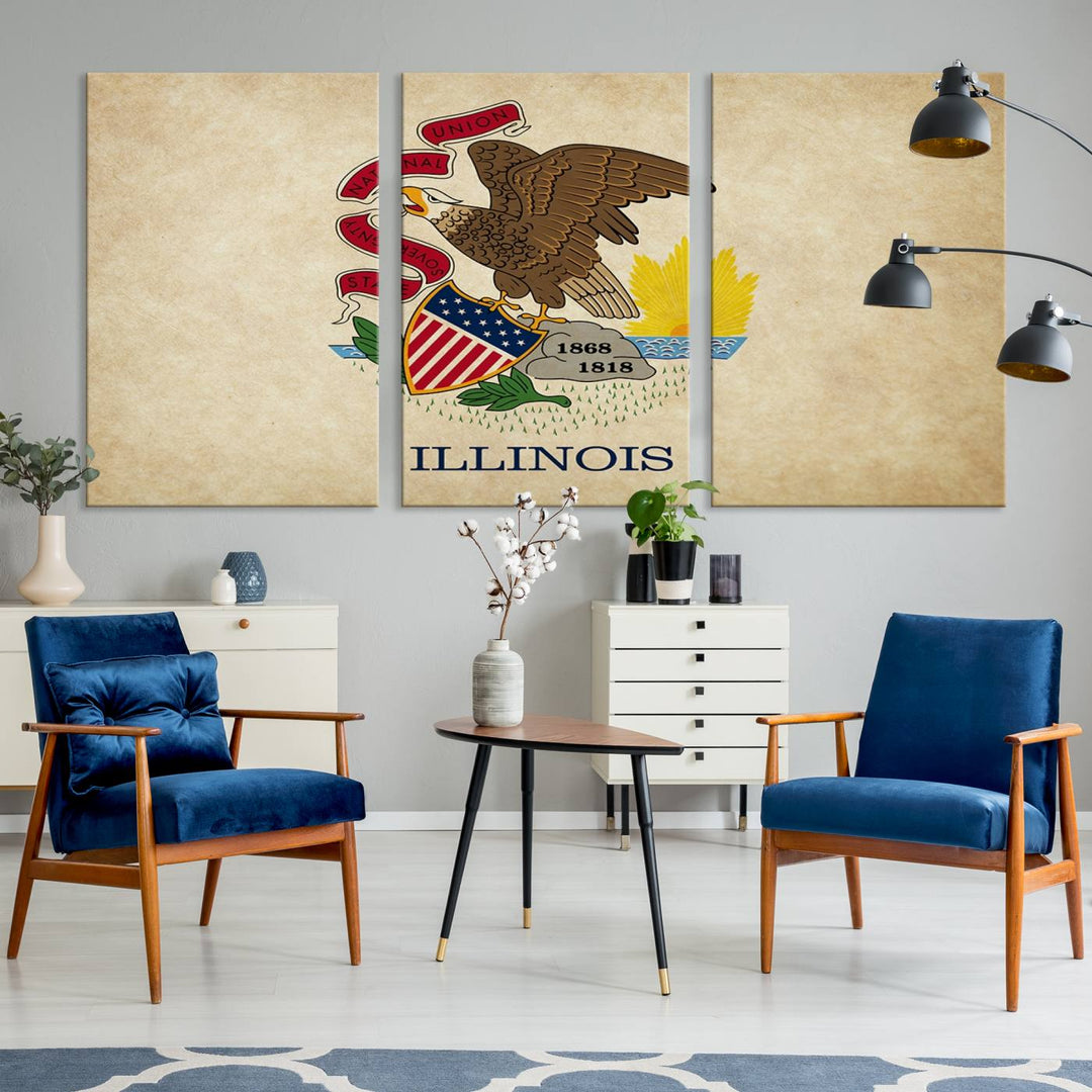 The Illinois State Flag Wall Art Canvas Print, crafted on museum-quality canvas with a UV-protective coating, is displayed prominently.