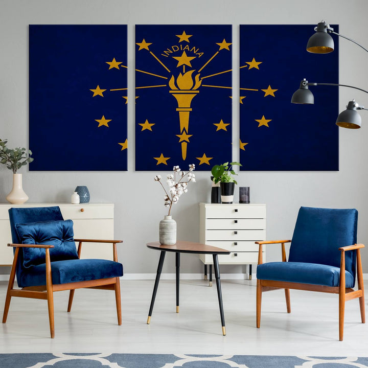 The Indiana States Flag Wall Art Canvas Print, featuring museum-quality canvas with a UV-protective coating, adorns the wall and brings an elegant and charming touch to your living space. Ready to hang, this piece becomes a standout feature in any room.