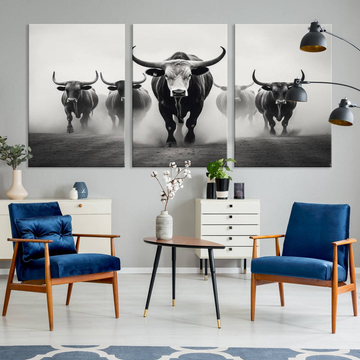 The Texas Longhorn Cow Animal Wall Art Canvas Print beautifully embellishes the area with its depiction of longhorn cattle in a misty setting, seamlessly integrating Western decor into the space.