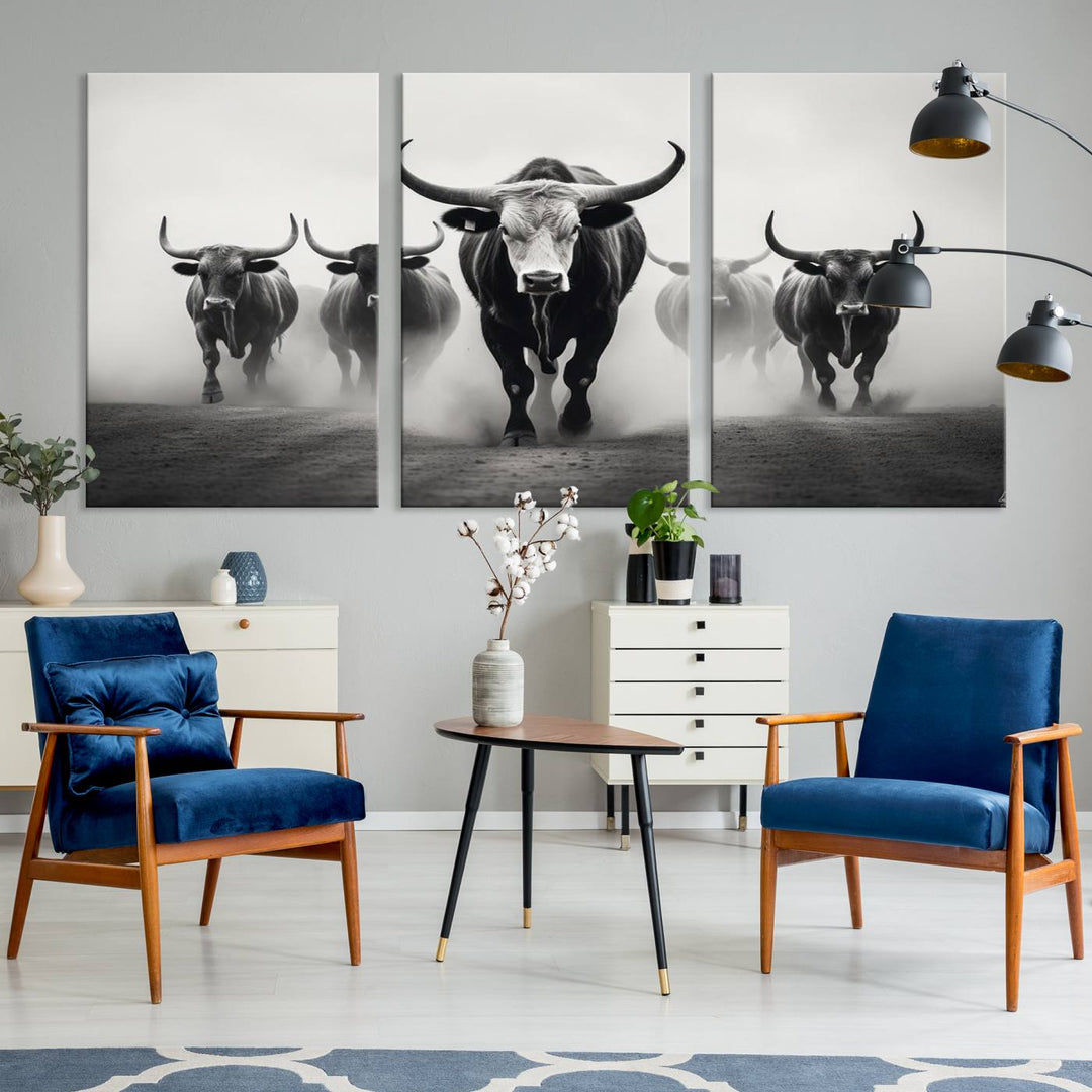 The Texas Bighorn Cow Hern Wall Art Canvas Print, featuring a UV-protective coating, creates a ready-to-hang masterpiece.