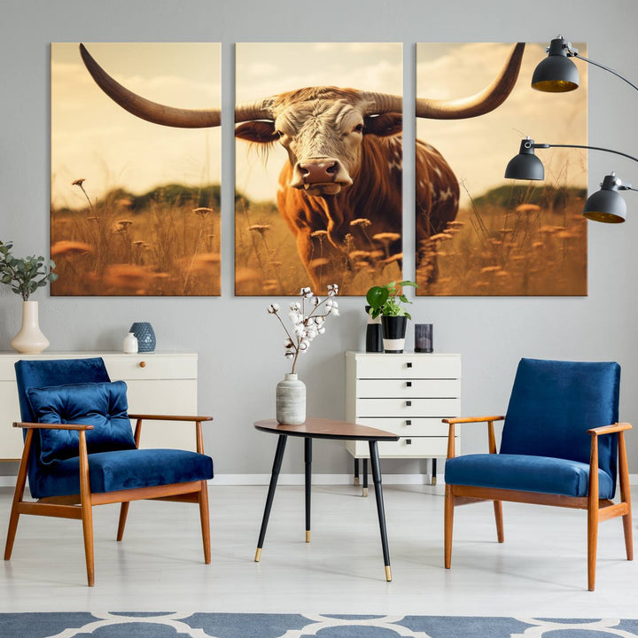 Cow Bighorn Wall Art Canvas Print, Longhorn Texas Cow Animal Canvas Print